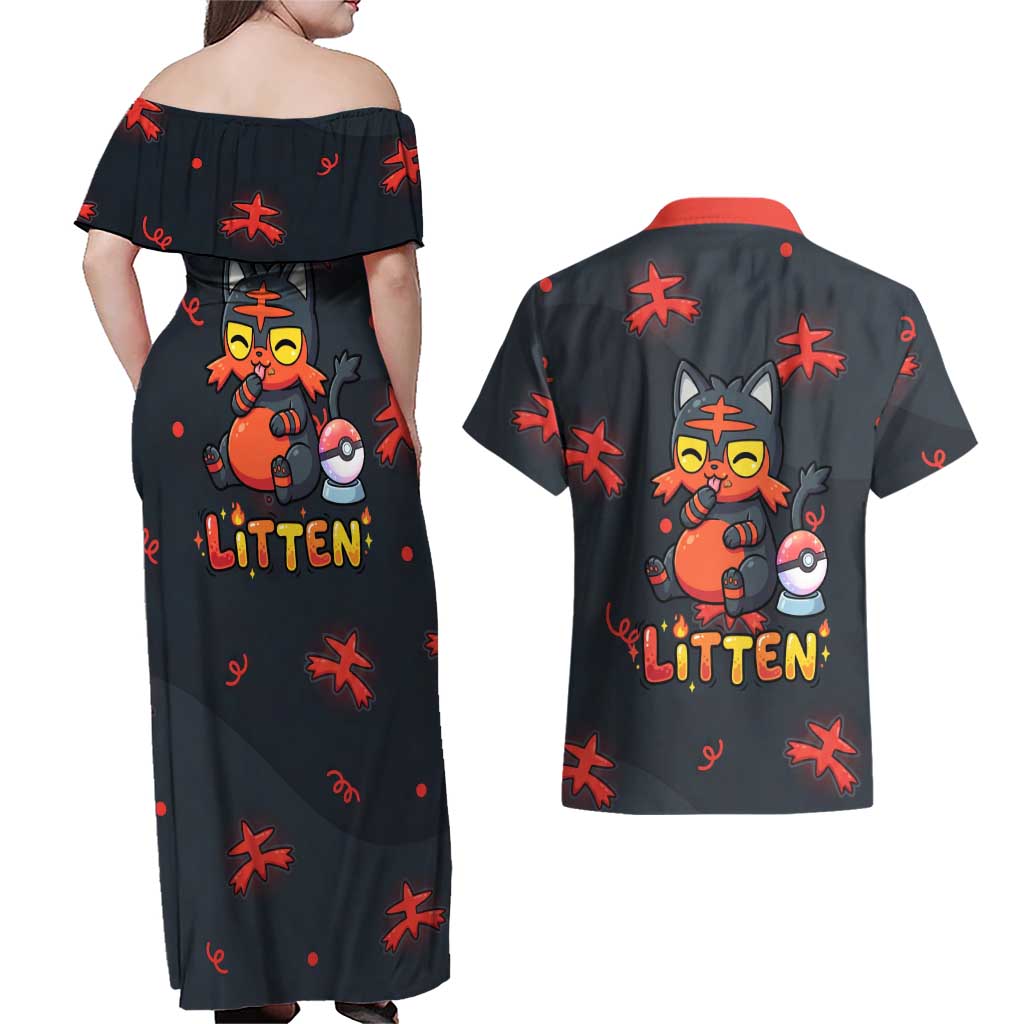 Litten Couples Matching Off Shoulder Maxi Dress and Hawaiian Shirt Playful Ember Cartoon Art
