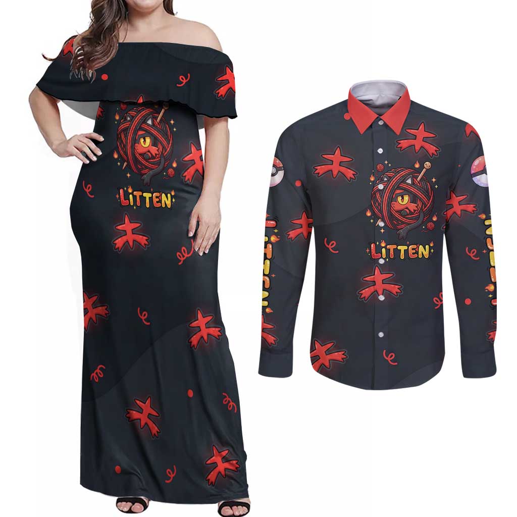Litten Couples Matching Off Shoulder Maxi Dress and Long Sleeve Button Shirt Playful Ember Cartoon Art