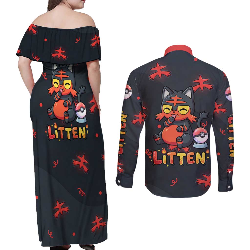 Litten Couples Matching Off Shoulder Maxi Dress and Long Sleeve Button Shirt Playful Ember Cartoon Art