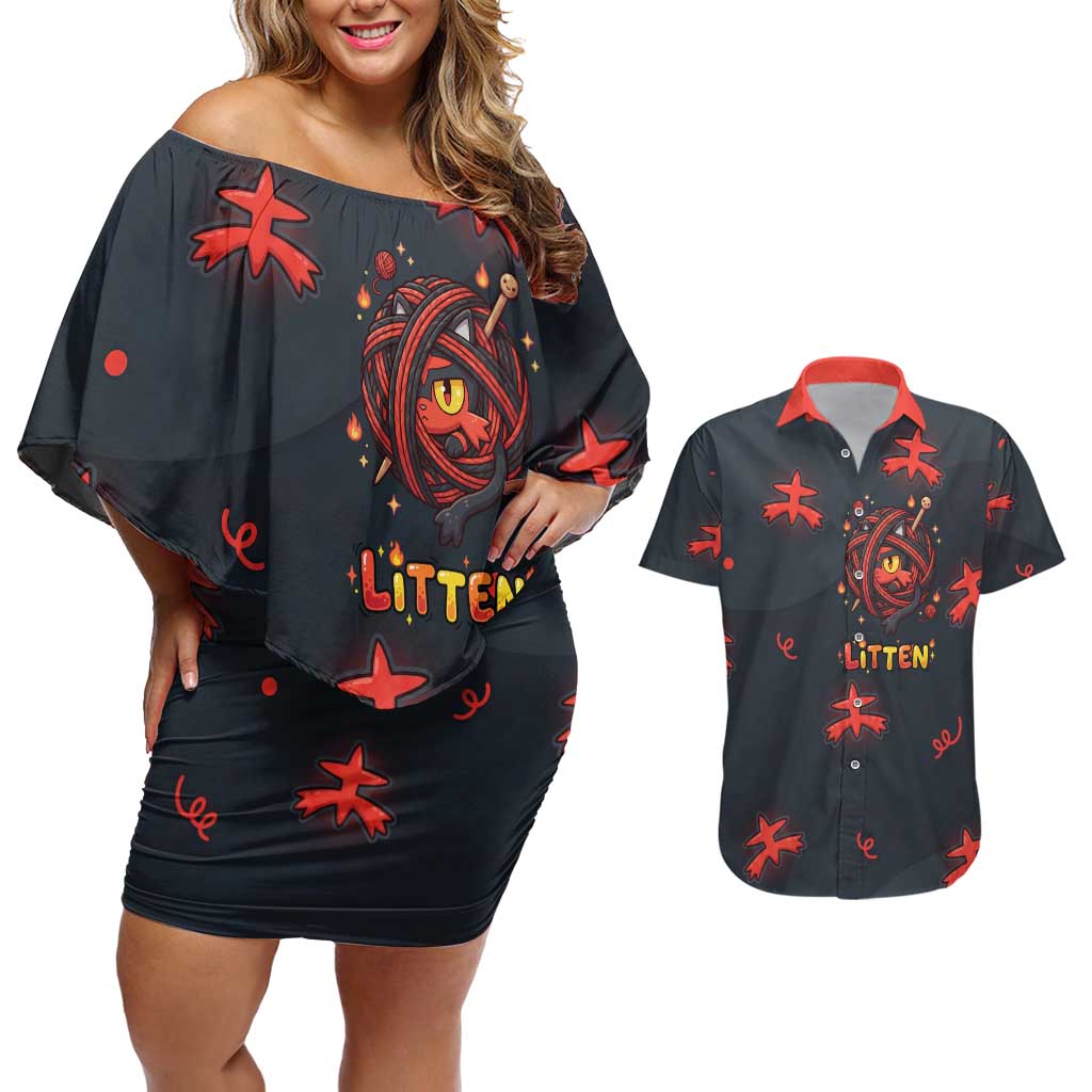 Litten Couples Matching Off Shoulder Short Dress and Hawaiian Shirt Playful Ember Cartoon Art