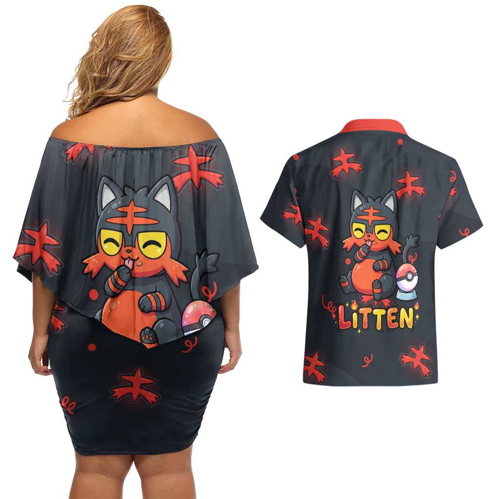 Litten Couples Matching Off Shoulder Short Dress and Hawaiian Shirt Playful Ember Cartoon Art