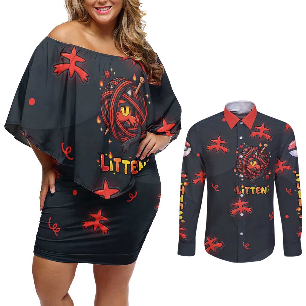 Litten Couples Matching Off Shoulder Short Dress and Long Sleeve Button Shirt Playful Ember Cartoon Art