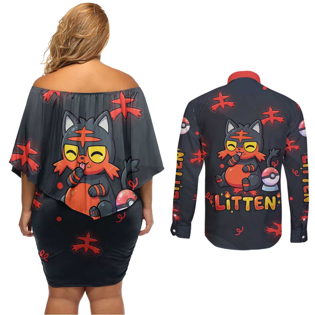 Litten Couples Matching Off Shoulder Short Dress and Long Sleeve Button Shirt Playful Ember Cartoon Art
