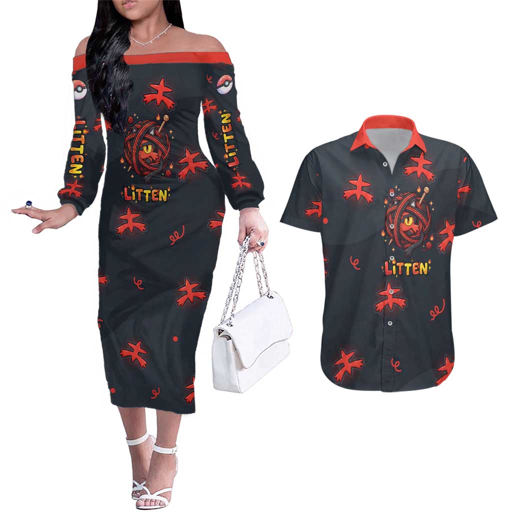 Litten Couples Matching Off The Shoulder Long Sleeve Dress and Hawaiian Shirt Playful Ember Cartoon Art