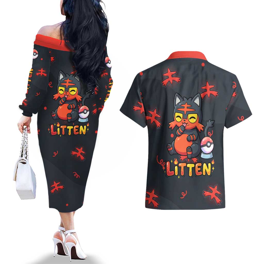 Litten Couples Matching Off The Shoulder Long Sleeve Dress and Hawaiian Shirt Playful Ember Cartoon Art