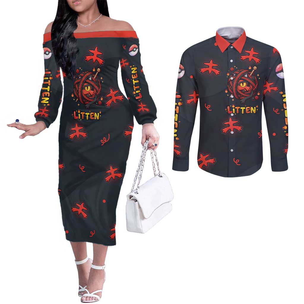 Litten Couples Matching Off The Shoulder Long Sleeve Dress and Long Sleeve Button Shirt Playful Ember Cartoon Art