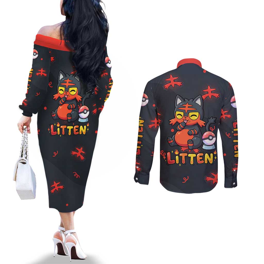 Litten Couples Matching Off The Shoulder Long Sleeve Dress and Long Sleeve Button Shirt Playful Ember Cartoon Art