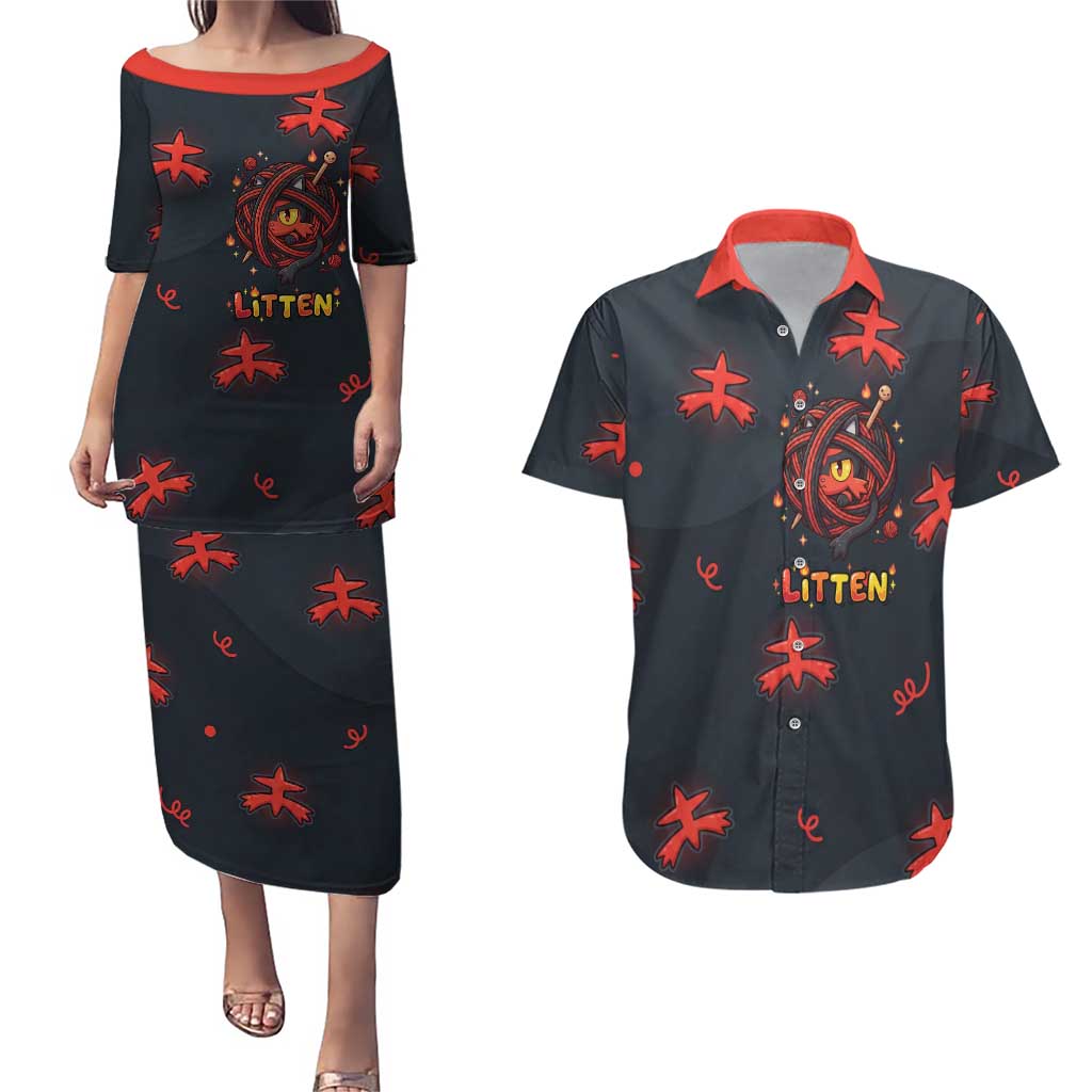 Litten Couples Matching Puletasi and Hawaiian Shirt Playful Ember Cartoon Art