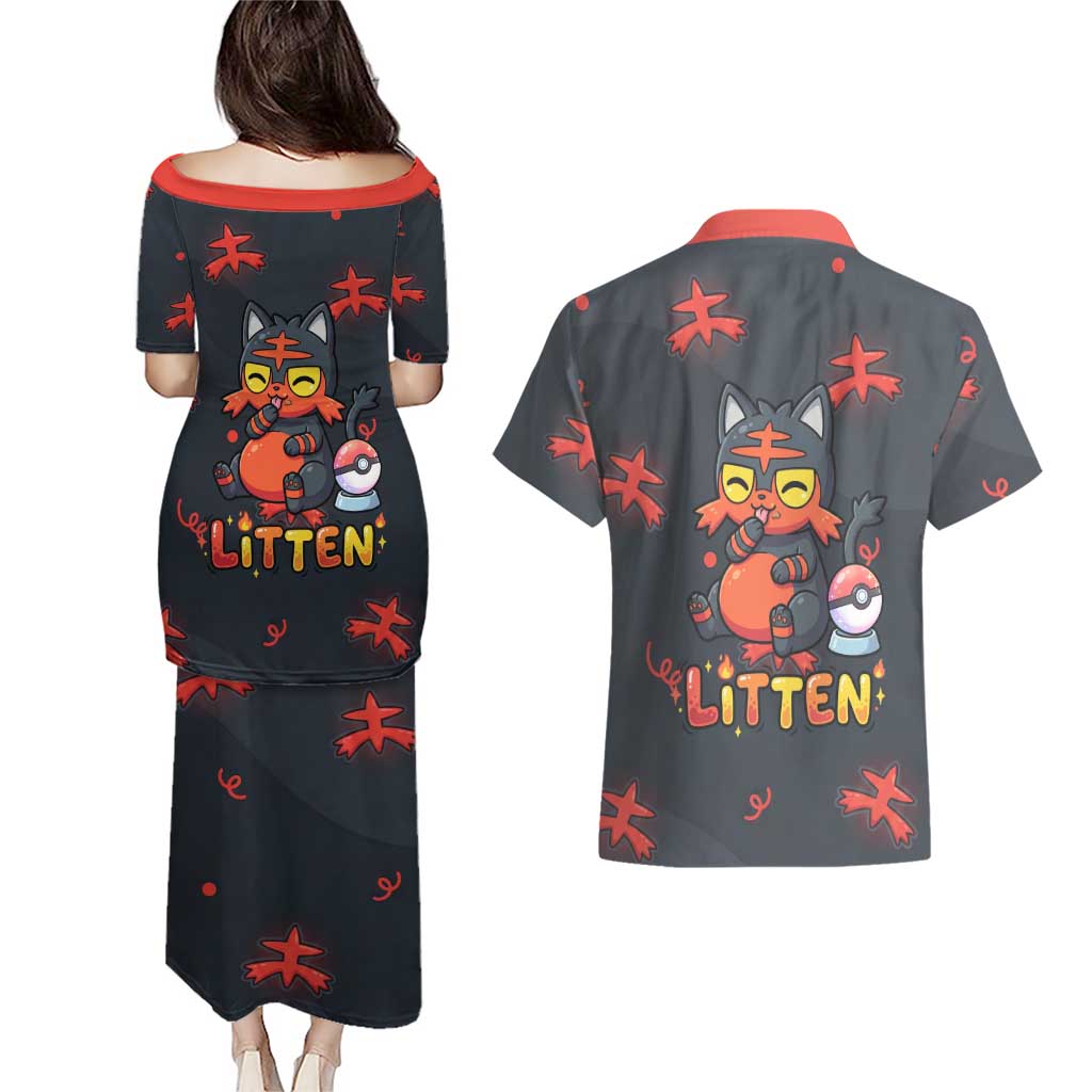 Litten Couples Matching Puletasi and Hawaiian Shirt Playful Ember Cartoon Art