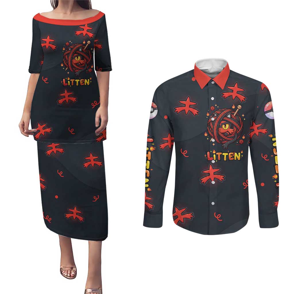 Litten Couples Matching Puletasi and Long Sleeve Button Shirt Playful Ember Cartoon Art