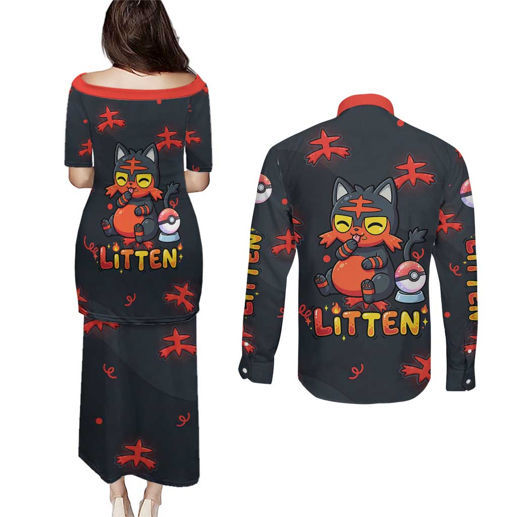 Litten Couples Matching Puletasi and Long Sleeve Button Shirt Playful Ember Cartoon Art