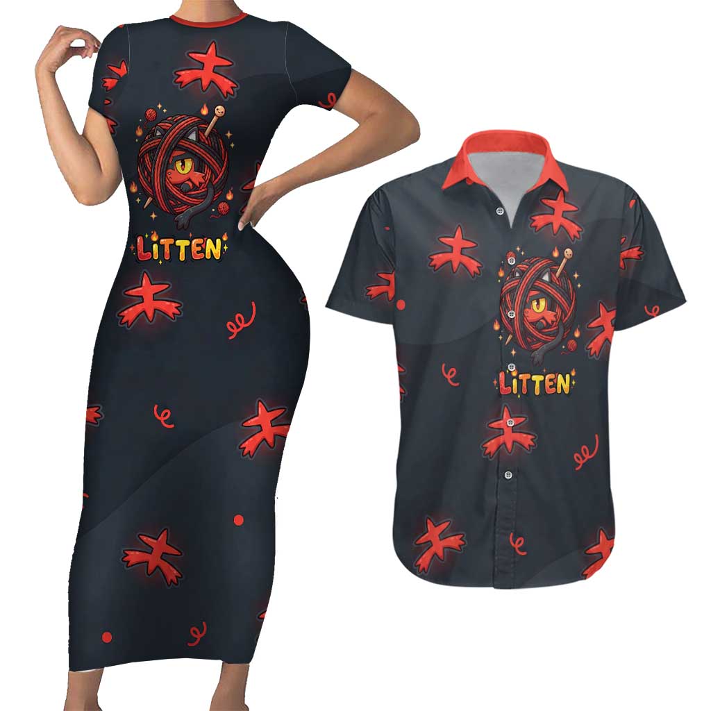 Litten Couples Matching Short Sleeve Bodycon Dress and Hawaiian Shirt Playful Ember Cartoon Art