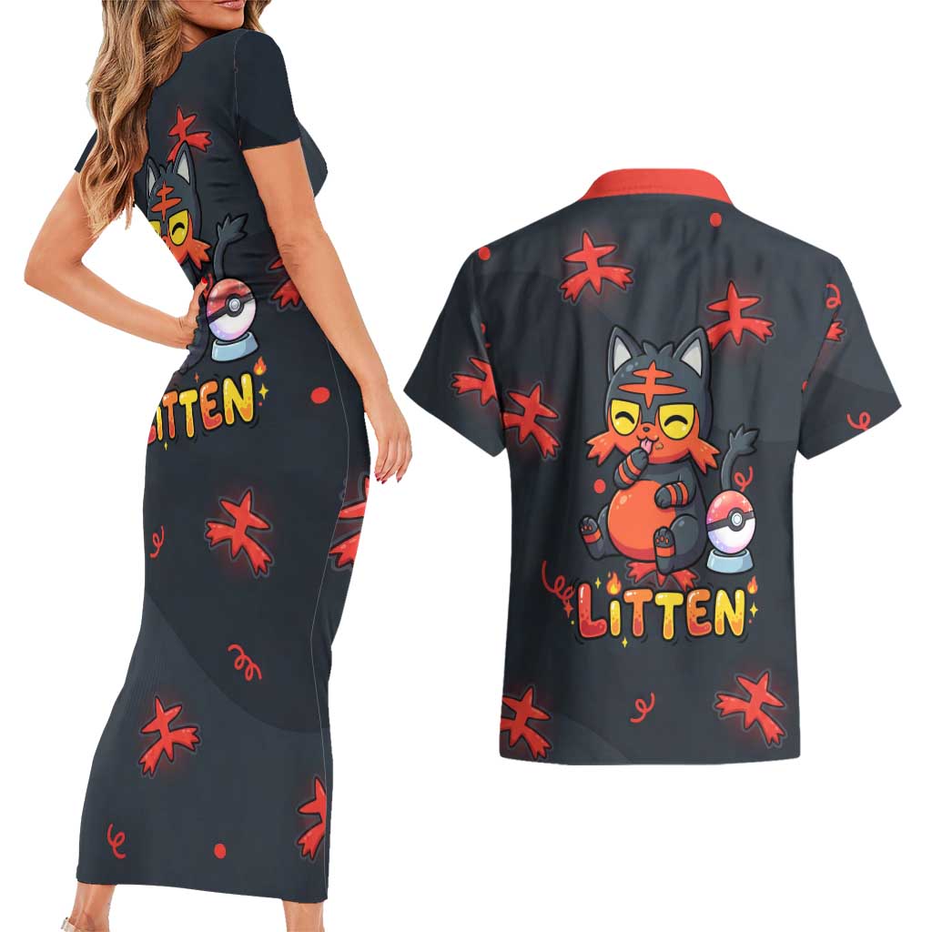 Litten Couples Matching Short Sleeve Bodycon Dress and Hawaiian Shirt Playful Ember Cartoon Art
