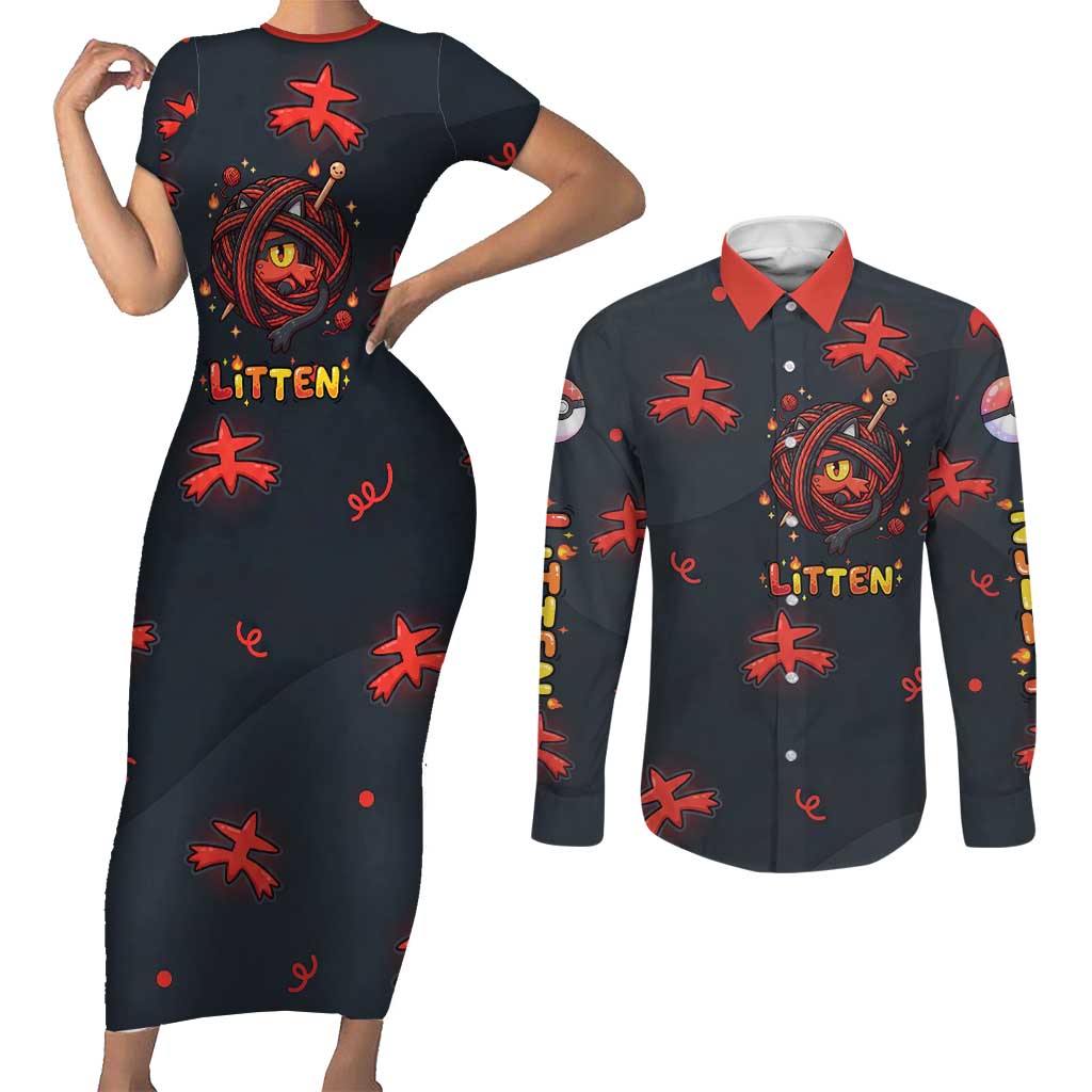 Litten Couples Matching Short Sleeve Bodycon Dress and Long Sleeve Button Shirt Playful Ember Cartoon Art