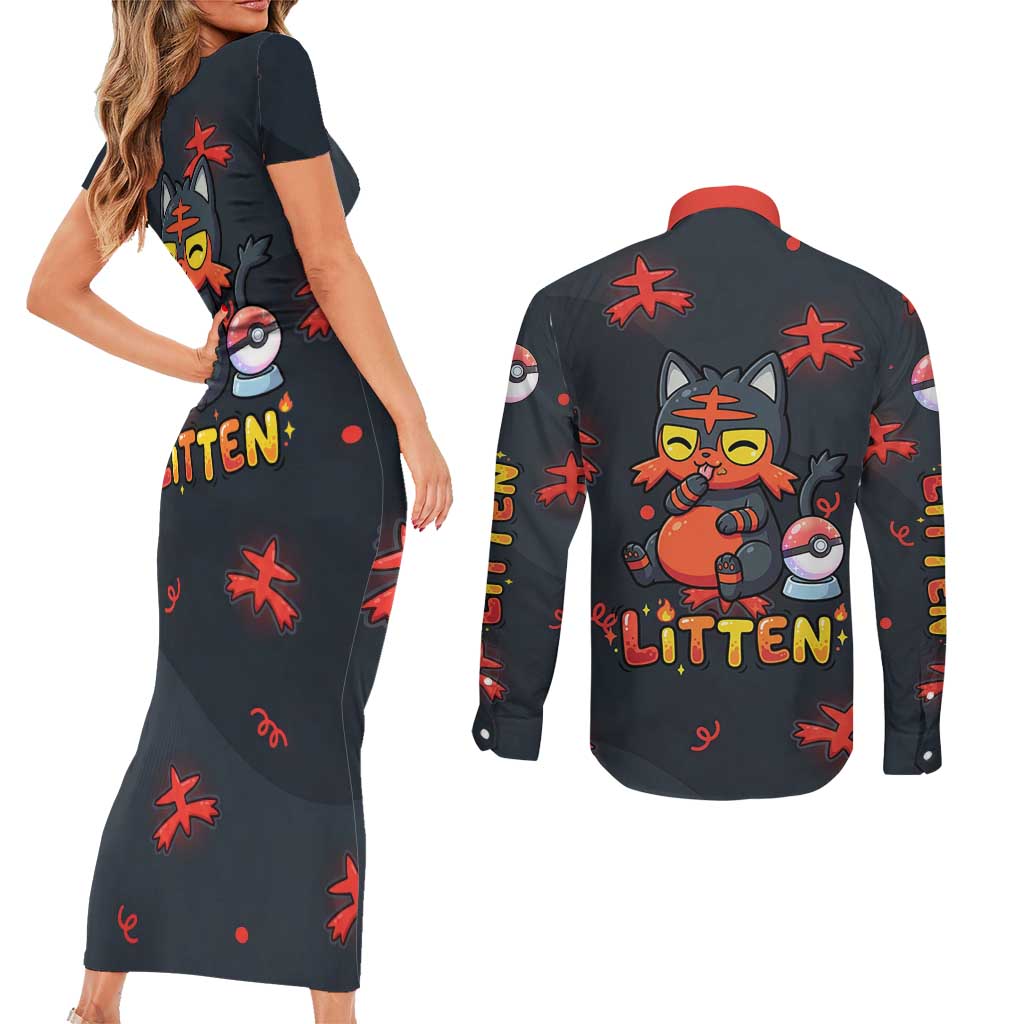 Litten Couples Matching Short Sleeve Bodycon Dress and Long Sleeve Button Shirt Playful Ember Cartoon Art