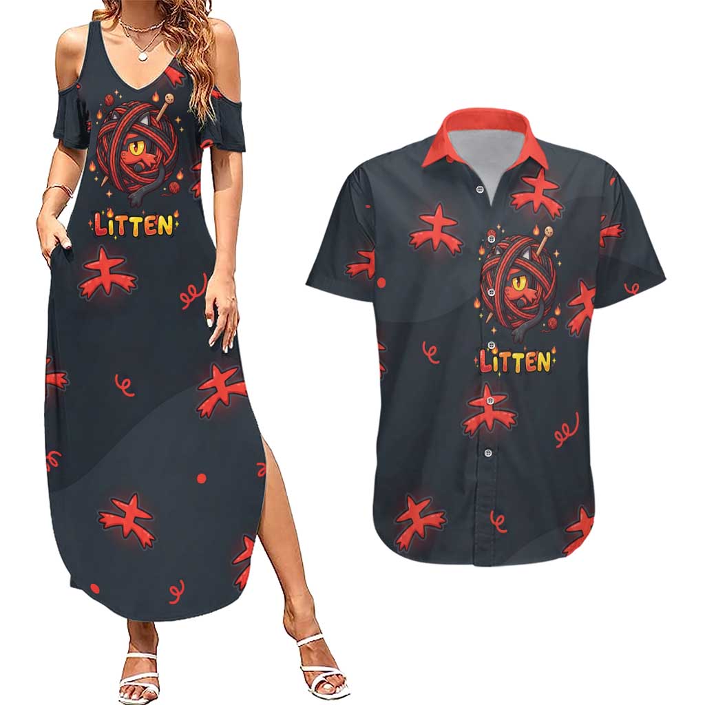 Litten Couples Matching Summer Maxi Dress and Hawaiian Shirt Playful Ember Cartoon Art