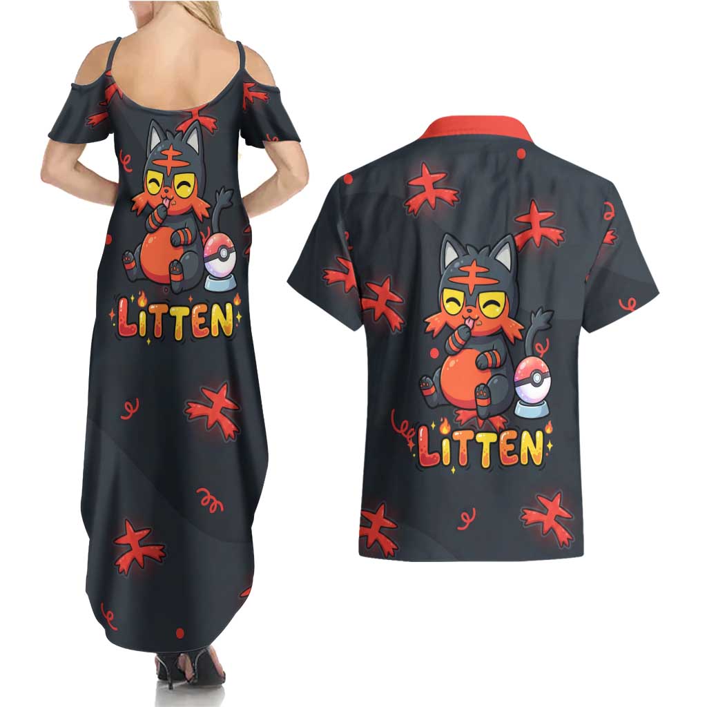 Litten Couples Matching Summer Maxi Dress and Hawaiian Shirt Playful Ember Cartoon Art
