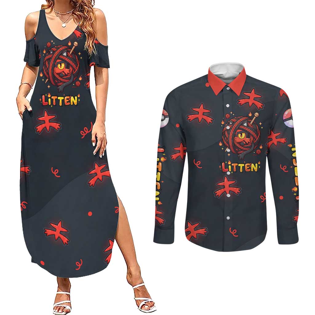 Litten Couples Matching Summer Maxi Dress and Long Sleeve Button Shirt Playful Ember Cartoon Art