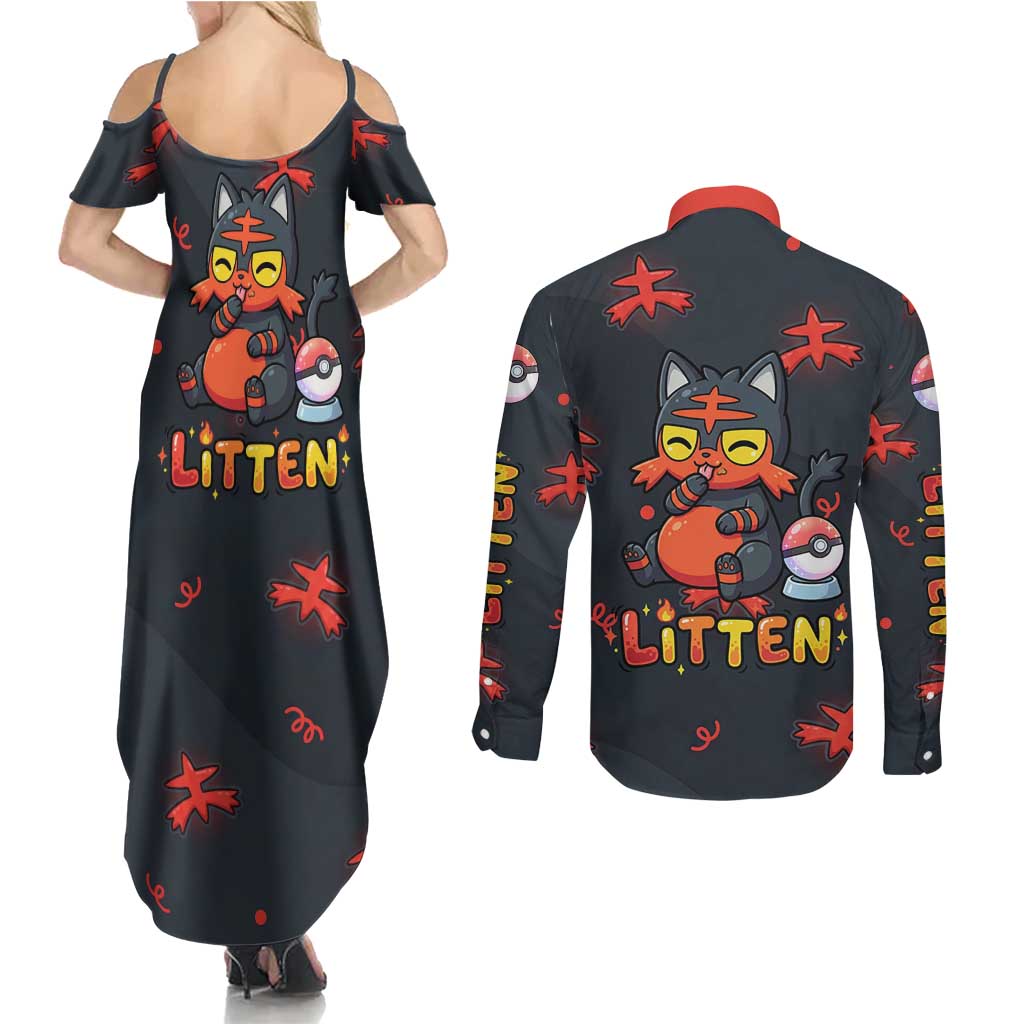 Litten Couples Matching Summer Maxi Dress and Long Sleeve Button Shirt Playful Ember Cartoon Art
