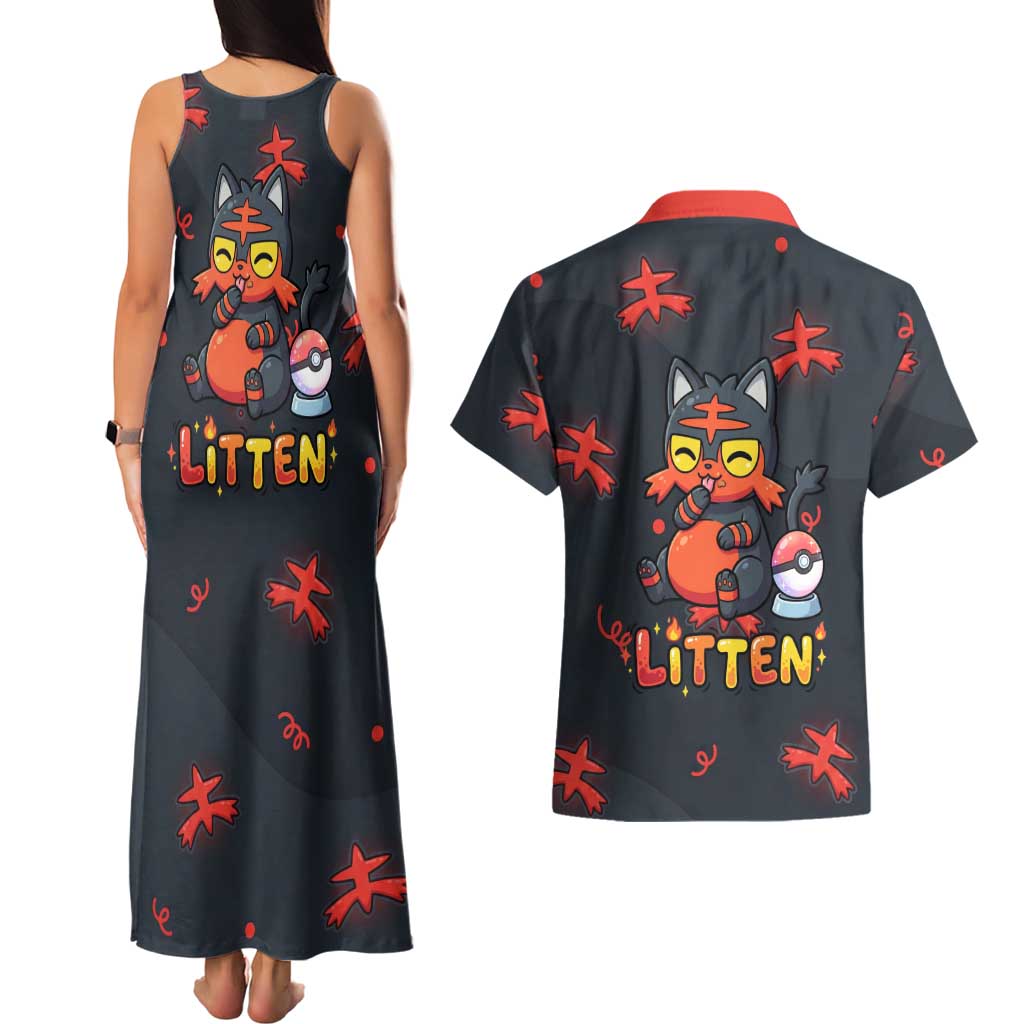 Litten Couples Matching Tank Maxi Dress and Hawaiian Shirt Playful Ember Cartoon Art