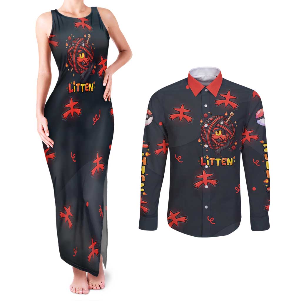 Litten Couples Matching Tank Maxi Dress and Long Sleeve Button Shirt Playful Ember Cartoon Art
