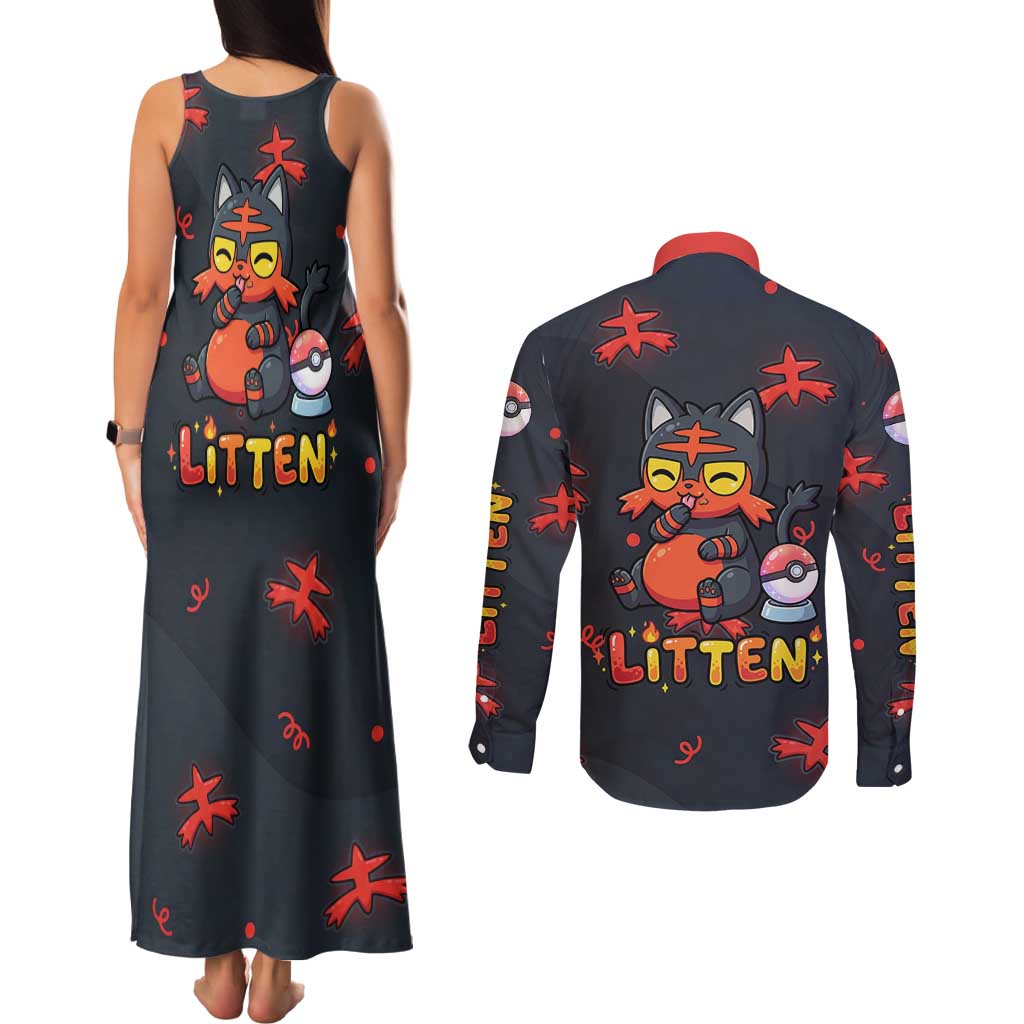Litten Couples Matching Tank Maxi Dress and Long Sleeve Button Shirt Playful Ember Cartoon Art