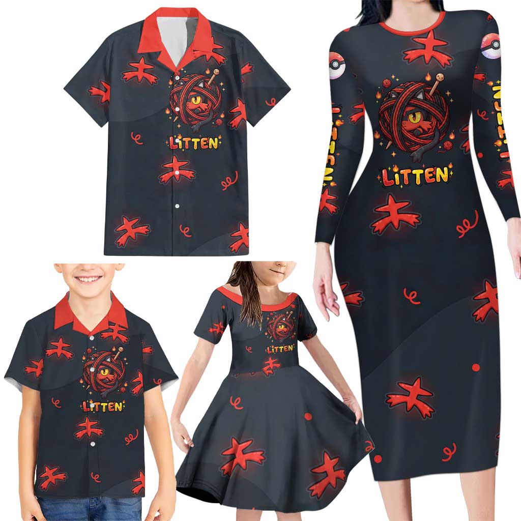 Litten Family Matching Long Sleeve Bodycon Dress and Hawaiian Shirt Playful Ember Cartoon Art