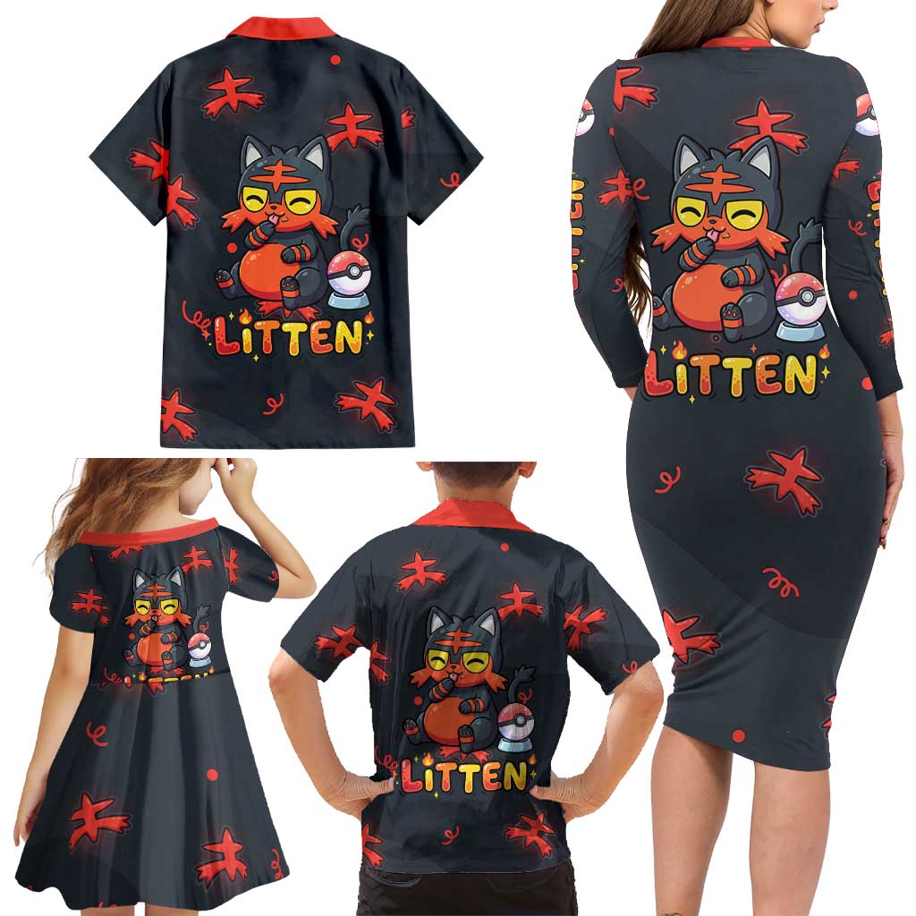 Litten Family Matching Long Sleeve Bodycon Dress and Hawaiian Shirt Playful Ember Cartoon Art