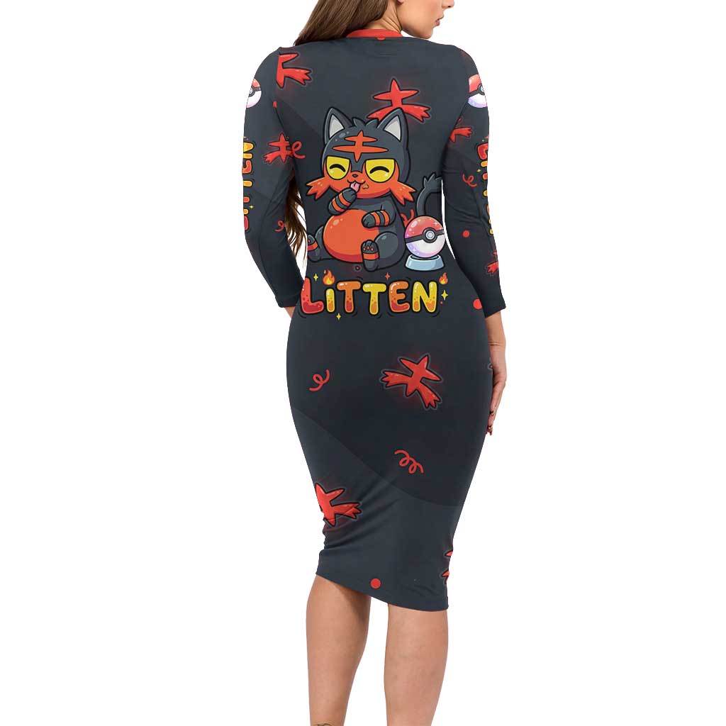 Litten Family Matching Long Sleeve Bodycon Dress and Hawaiian Shirt Playful Ember Cartoon Art