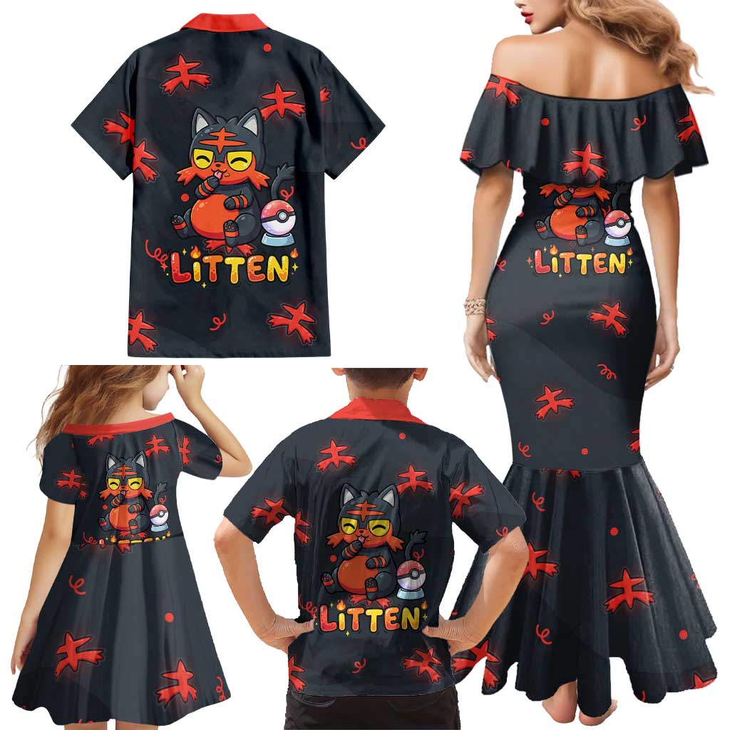 Litten Family Matching Mermaid Dress and Hawaiian Shirt Playful Ember Cartoon Art