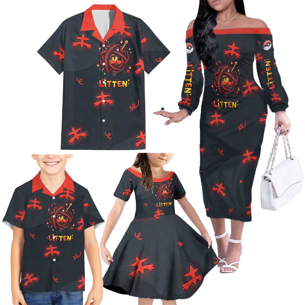 Litten Family Matching Off The Shoulder Long Sleeve Dress and Hawaiian Shirt Playful Ember Cartoon Art