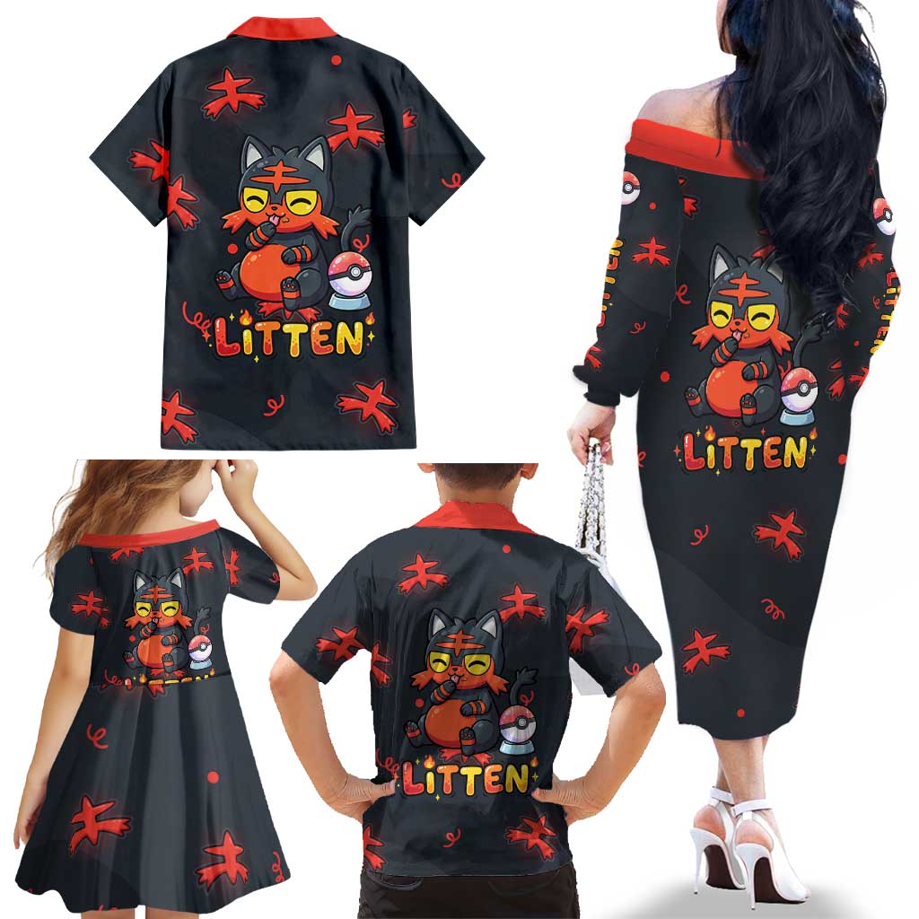 Litten Family Matching Off The Shoulder Long Sleeve Dress and Hawaiian Shirt Playful Ember Cartoon Art