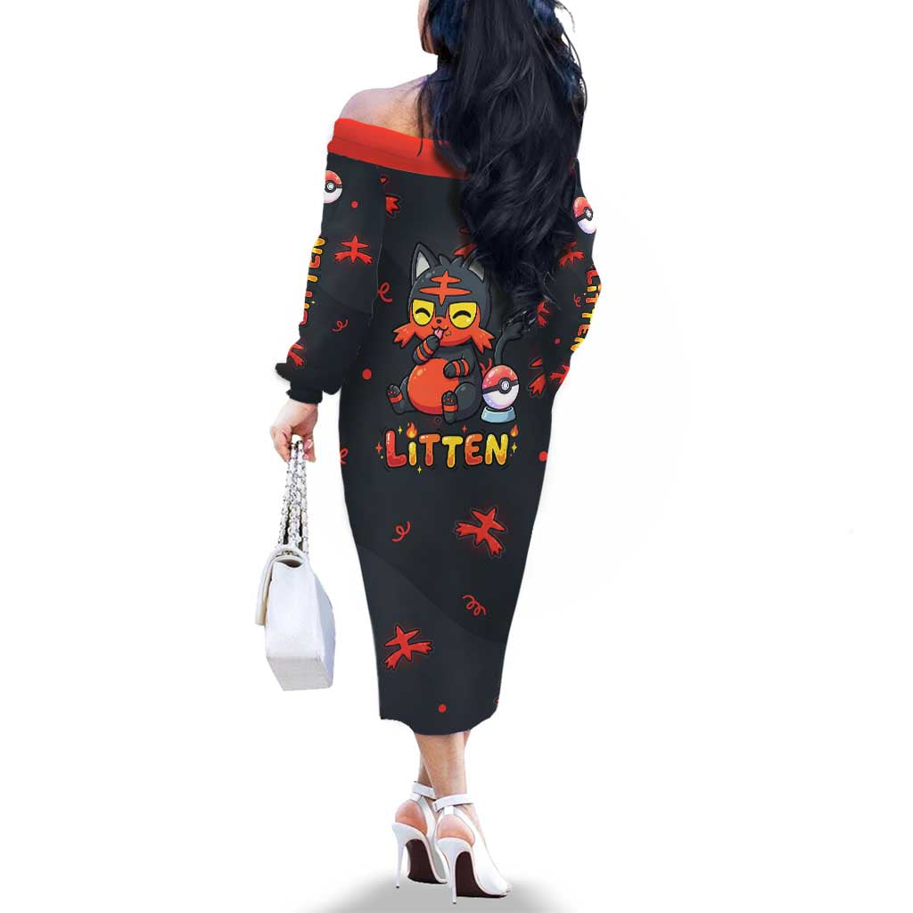 Litten Family Matching Off The Shoulder Long Sleeve Dress and Hawaiian Shirt Playful Ember Cartoon Art