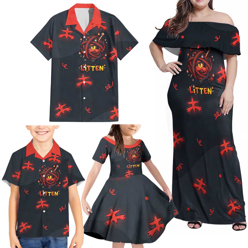 Litten Family Matching Off Shoulder Maxi Dress and Hawaiian Shirt Playful Ember Cartoon Art