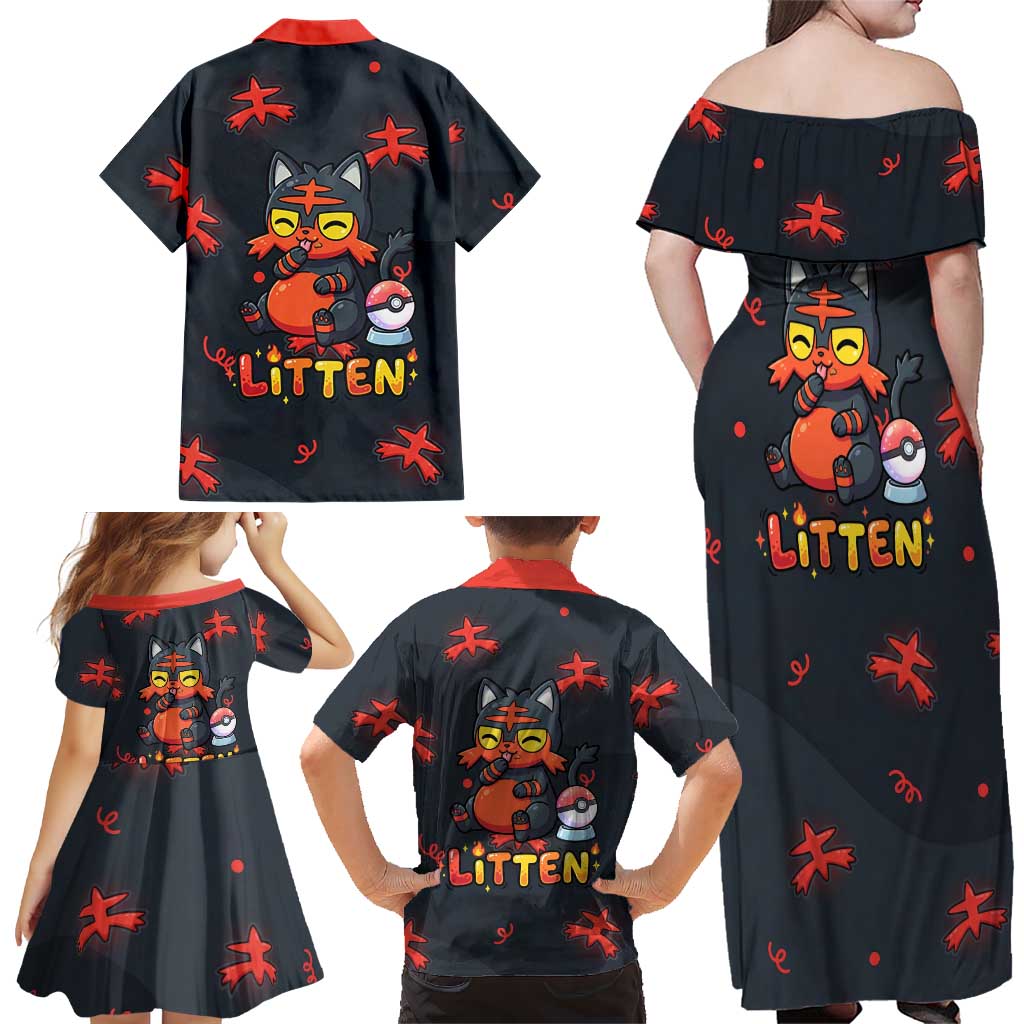 Litten Family Matching Off Shoulder Maxi Dress and Hawaiian Shirt Playful Ember Cartoon Art