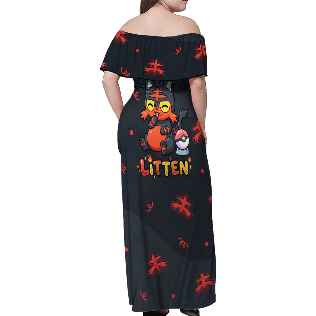 Litten Family Matching Off Shoulder Maxi Dress and Hawaiian Shirt Playful Ember Cartoon Art