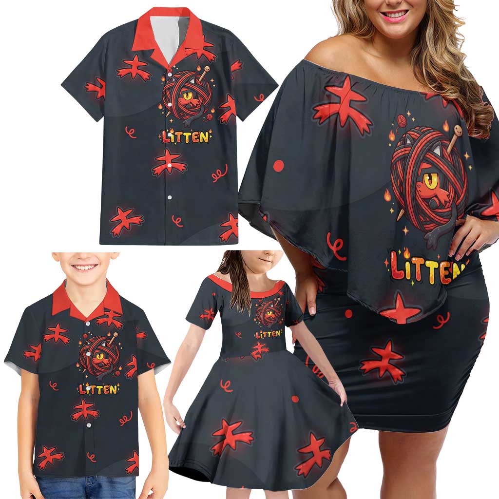 Litten Family Matching Off Shoulder Short Dress and Hawaiian Shirt Playful Ember Cartoon Art