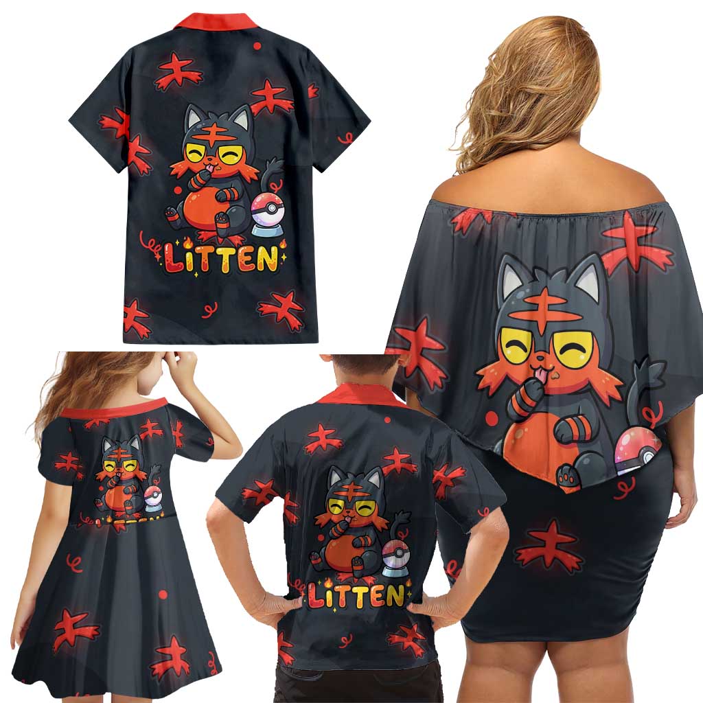 Litten Family Matching Off Shoulder Short Dress and Hawaiian Shirt Playful Ember Cartoon Art