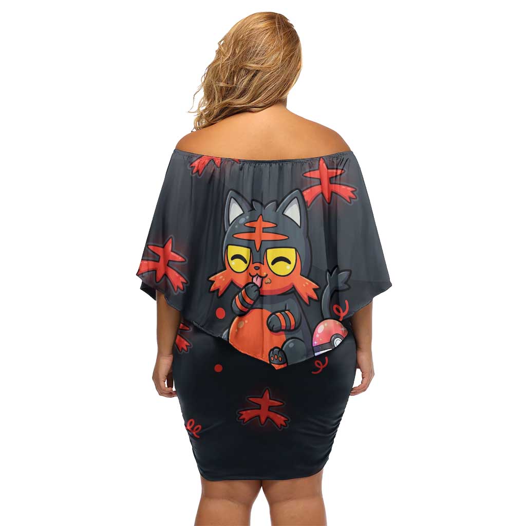 Litten Family Matching Off Shoulder Short Dress and Hawaiian Shirt Playful Ember Cartoon Art