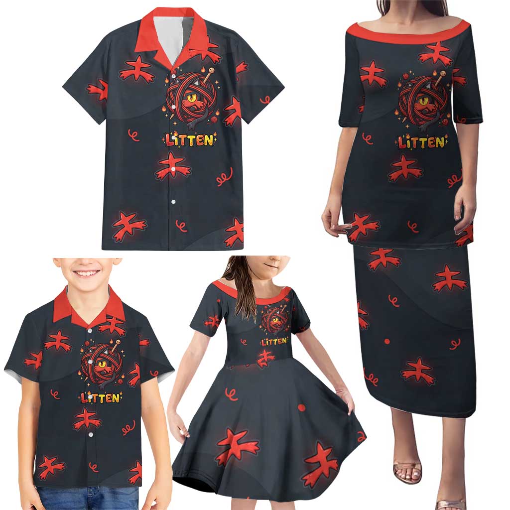 Litten Family Matching Puletasi and Hawaiian Shirt Playful Ember Cartoon Art