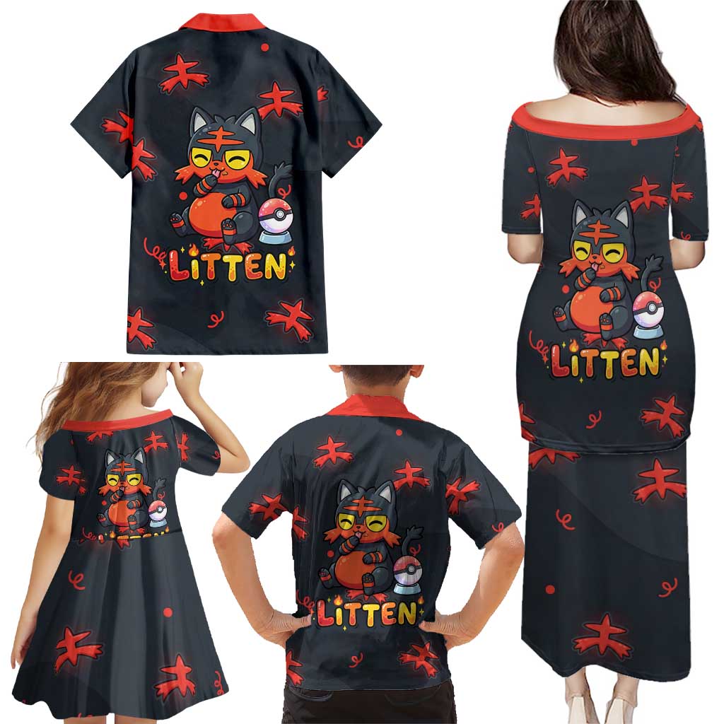 Litten Family Matching Puletasi and Hawaiian Shirt Playful Ember Cartoon Art