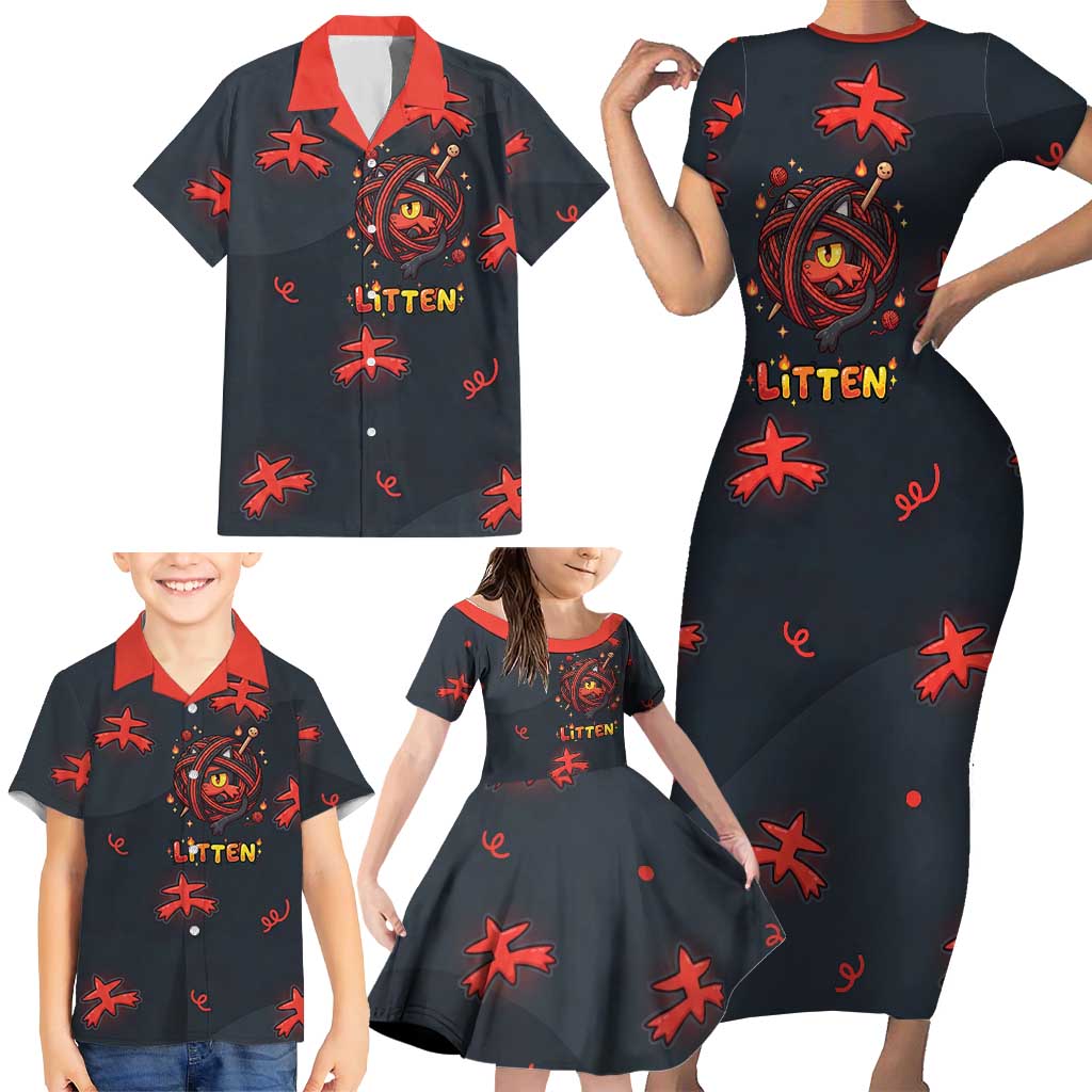 Litten Family Matching Short Sleeve Bodycon Dress and Hawaiian Shirt Playful Ember Cartoon Art