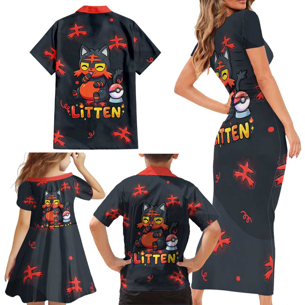 Litten Family Matching Short Sleeve Bodycon Dress and Hawaiian Shirt Playful Ember Cartoon Art