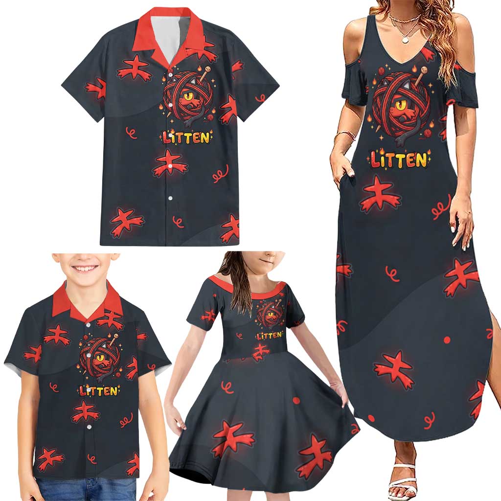 Litten Family Matching Summer Maxi Dress and Hawaiian Shirt Playful Ember Cartoon Art
