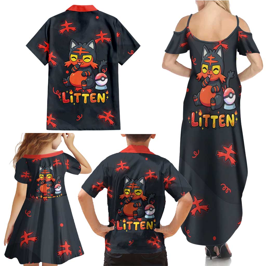 Litten Family Matching Summer Maxi Dress and Hawaiian Shirt Playful Ember Cartoon Art