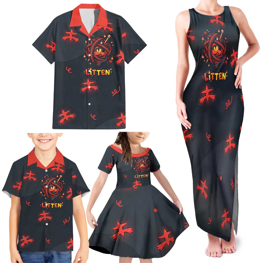Litten Family Matching Tank Maxi Dress and Hawaiian Shirt Playful Ember Cartoon Art