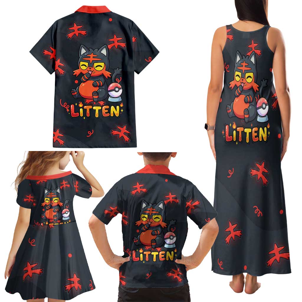 Litten Family Matching Tank Maxi Dress and Hawaiian Shirt Playful Ember Cartoon Art