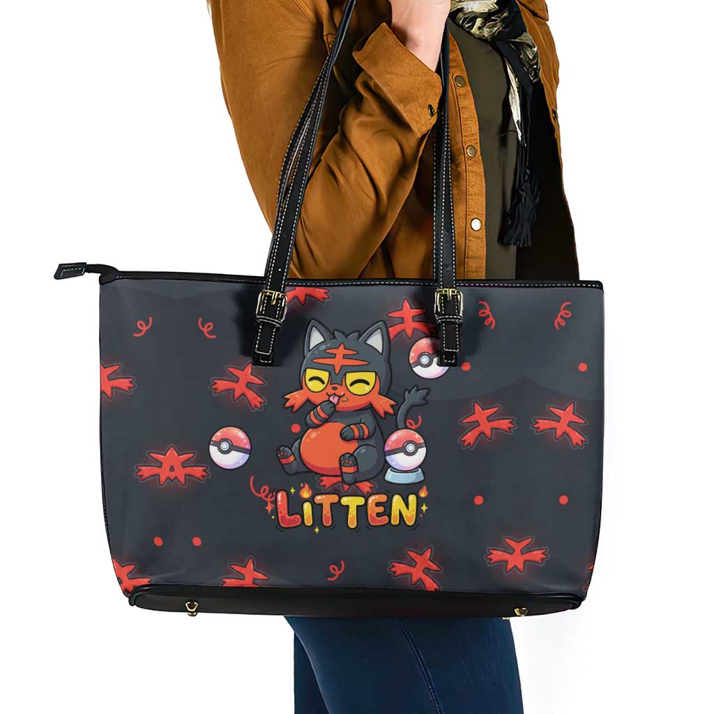 Litten Leather Tote Bag Playful Ember Cartoon Art