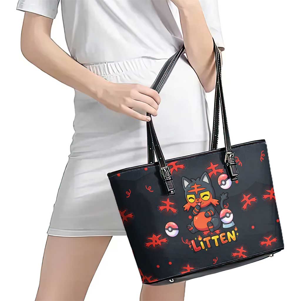 Litten Leather Tote Bag Playful Ember Cartoon Art