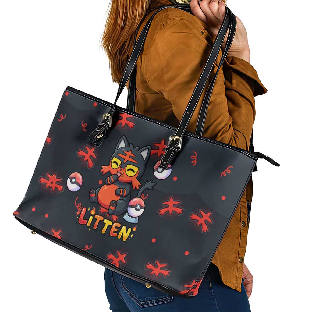 Litten Leather Tote Bag Playful Ember Cartoon Art